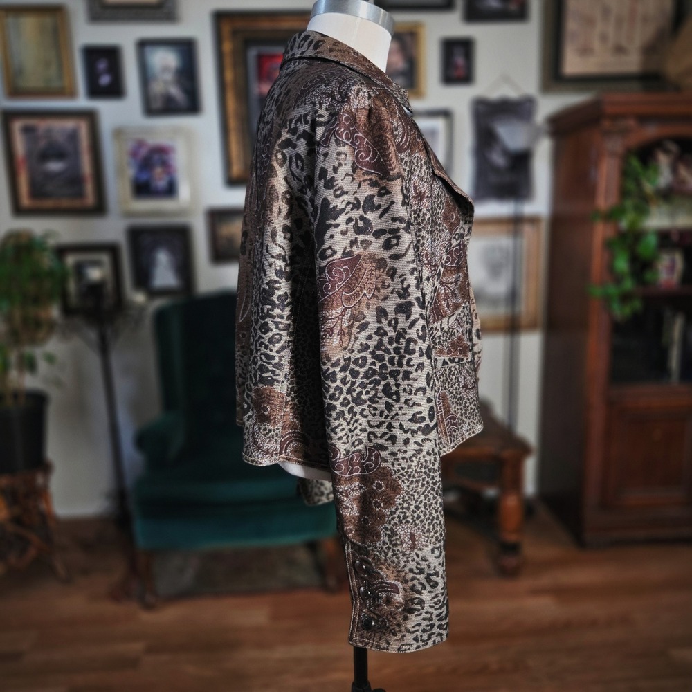 Picadilly Fashions Leopard Metallic Moto Jacket Brown Gold Womens Cropped Blazer - Picture 3 of 7